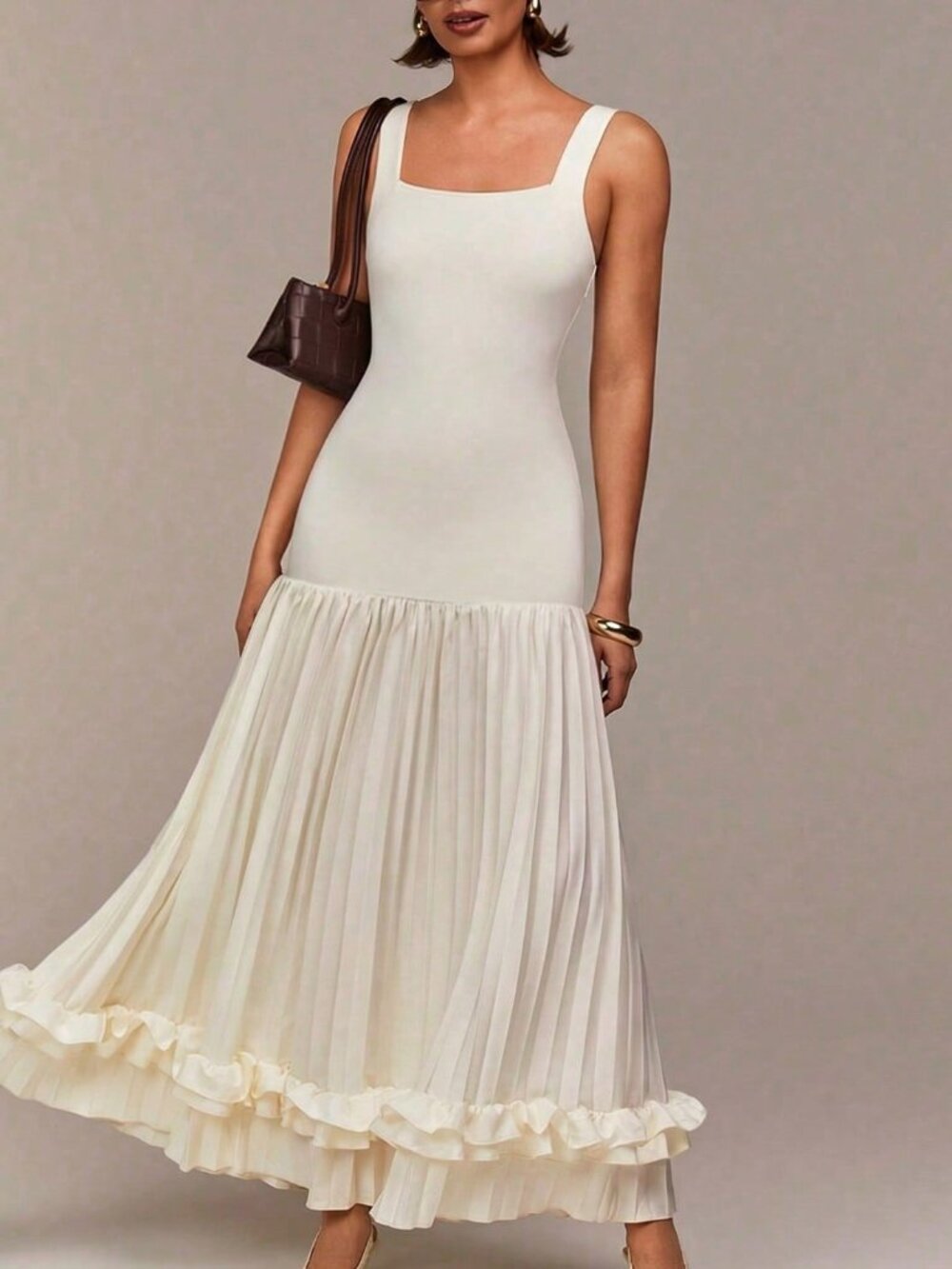 Apricot Elegant Women's Sleeveless Patchwork Pleated Ruffle Dress - Picture 3 of 5